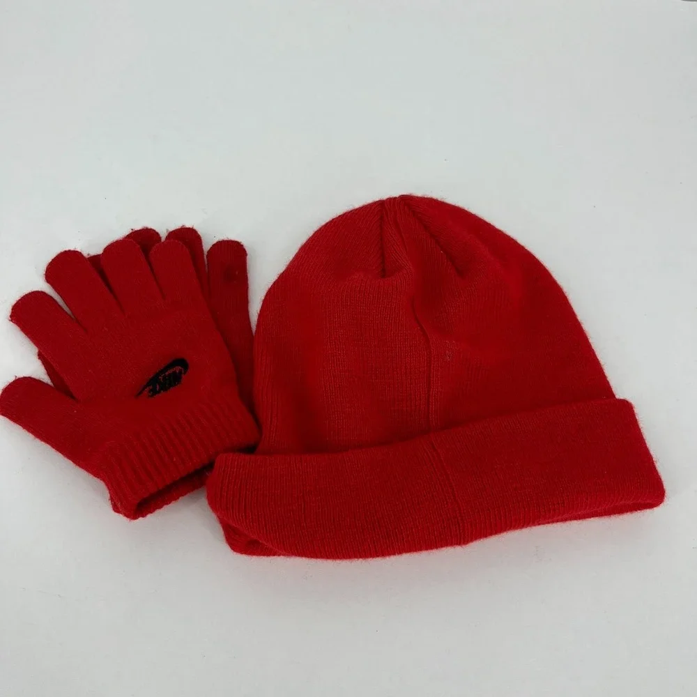 Nike Youth Red Knit Beanie and Gloves Set Embroidered Swoosh Logo